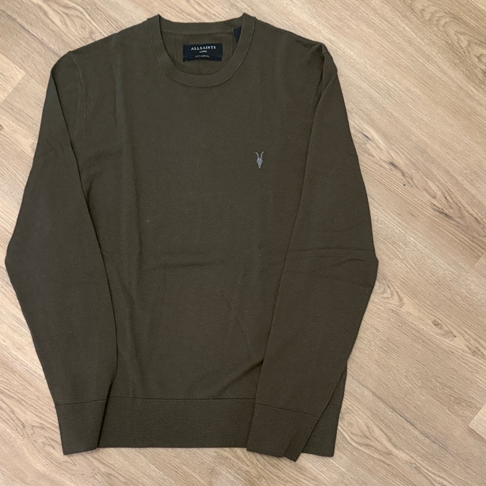 All Saints Men's Dark Green Marino Wool Crewneck Sweater